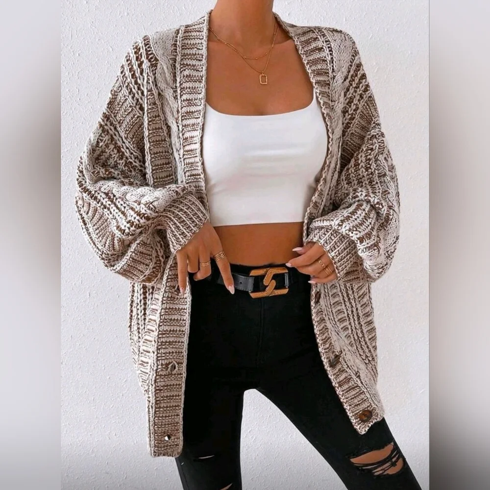 New Boho Chunky Cable Knit Cardigan Sweater Cream White Brown - Picture 2 of 10